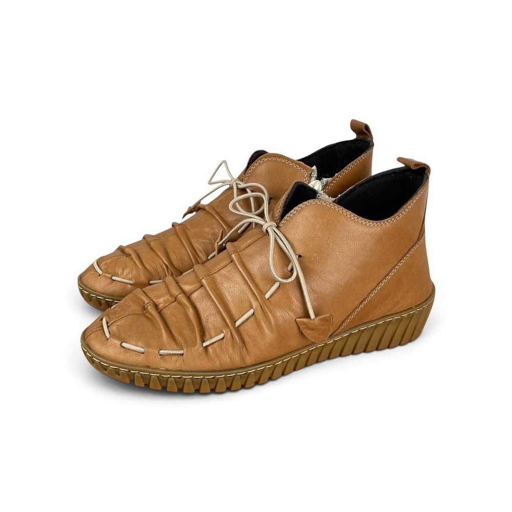Spring Step Tan Leather Ruched Bungee Lace Ankle Boots Shoes Womens 7.5 Earthy
